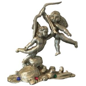 Vintage Pewter Cherubs with Rhinestones Figurine ring holder